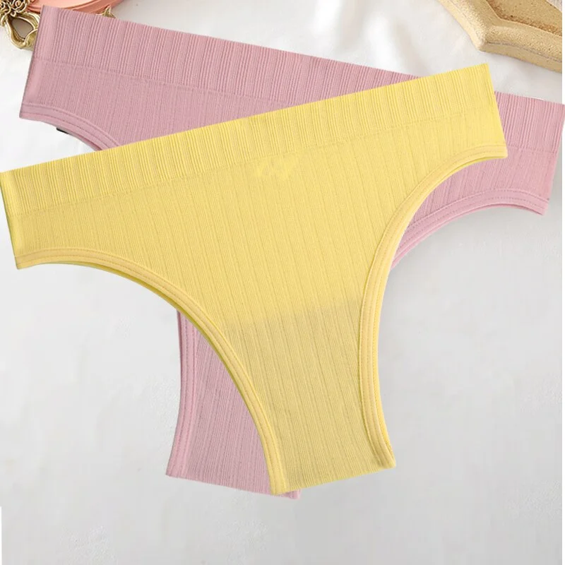 FINETOO 2PCS/Set M-XL Women Seamless Pantys 9 Solid Colors Sexy Brazilian Panties  Midi-Waist Underpants For Girls Fashion Thong