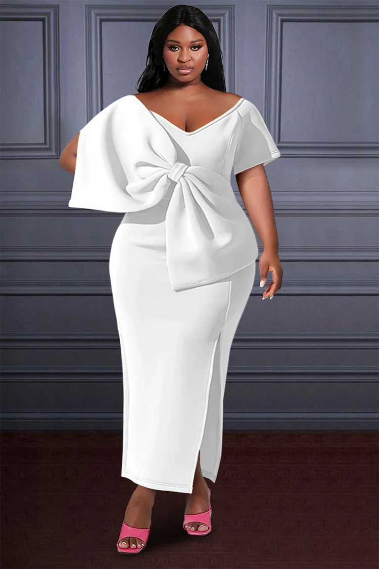 Plus Size White Semi Formal V Neck Elegant Split Bow Maxi Dresses