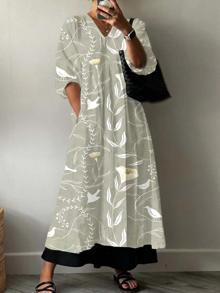Women's Boho Vintage Floral Print Pocket V-neck Cotton Dress