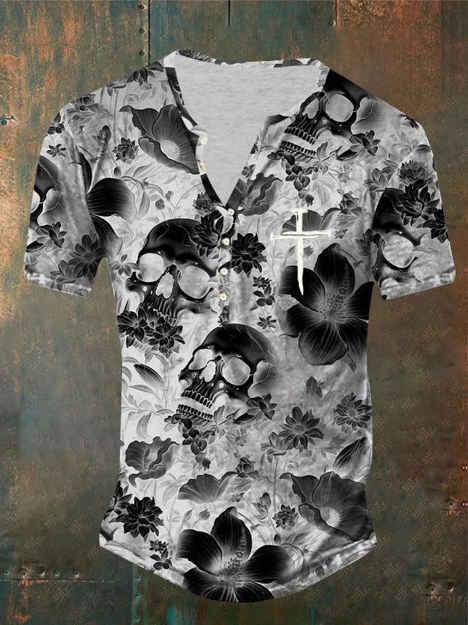 Men's  Dark Skull Print Henry T-Shirt