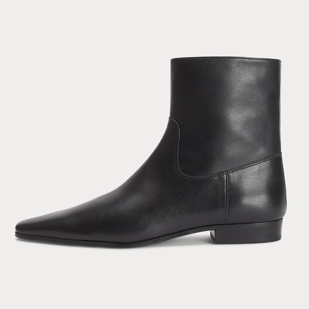 Black Square Toe Flat Comfy Side Zipper Short Boots for Women