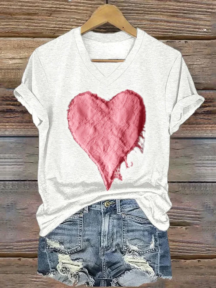Valentine's Day Heart Frayed Patch V Neck T Shirt