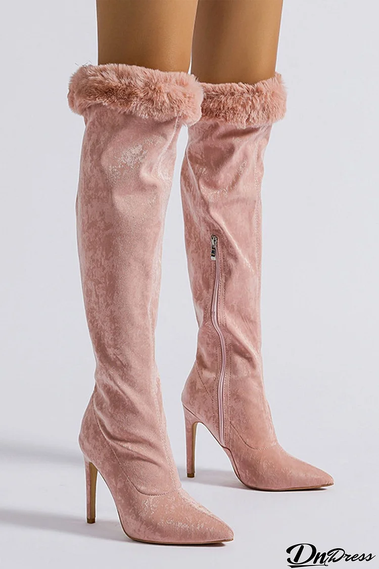 Pointed Toe Fuzzy High Heel Knee High Boots