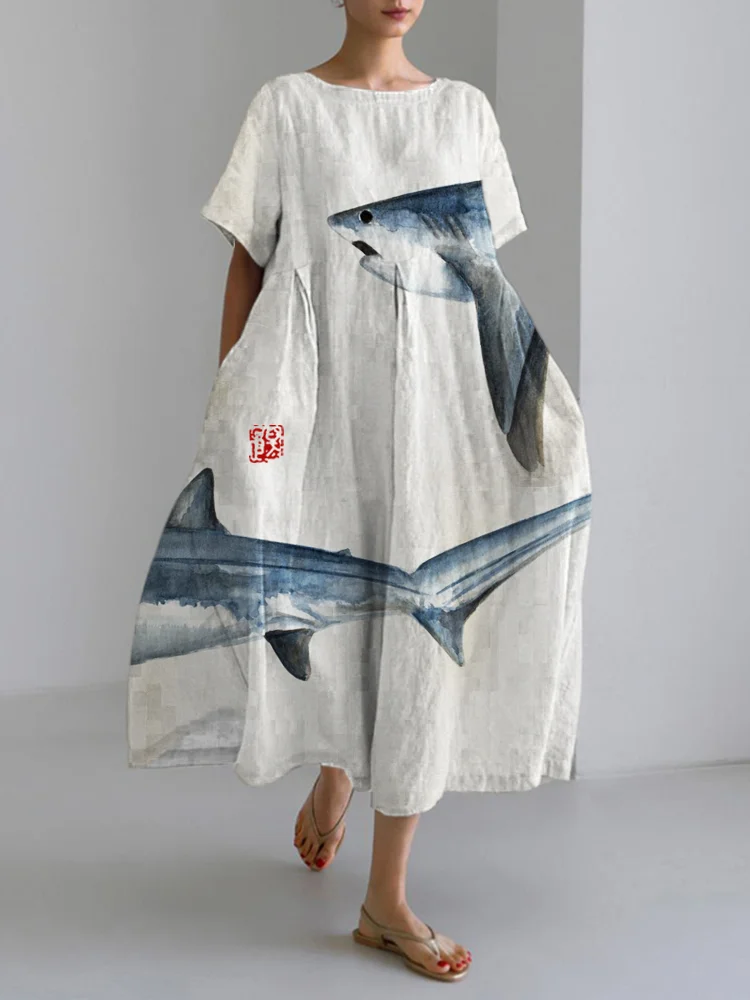 Ocean Shark Japanese Pattern Linen Maxi Dress
