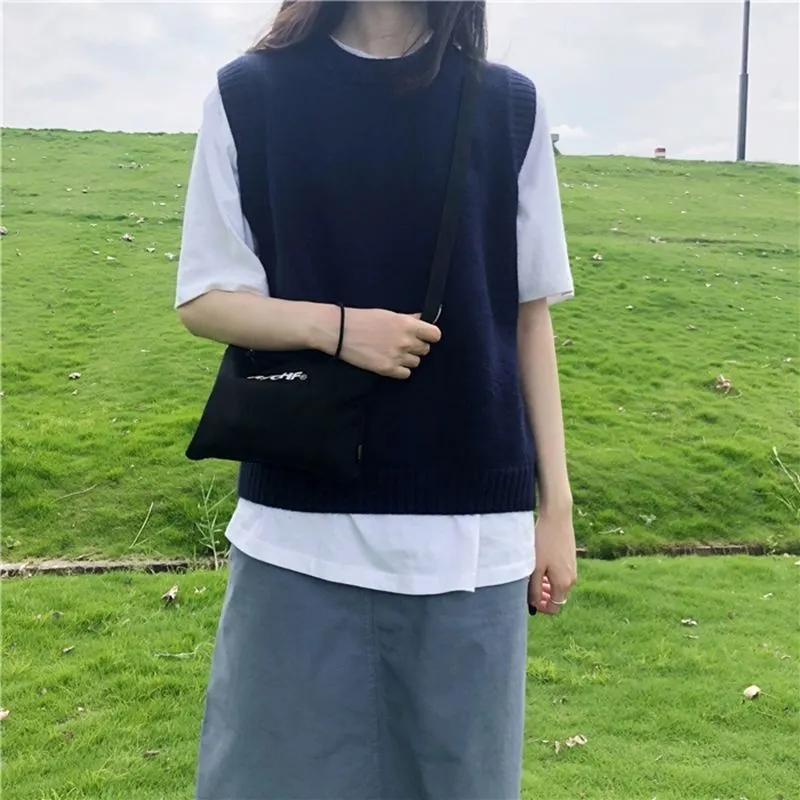 Churchf Churchf Autumn Round Collar Solid Color Knit Sweater Fold Wear Vest New This Year Popular Clip Outside The Foreign Style Vest Female