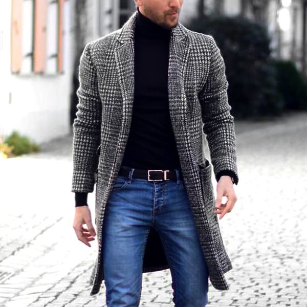 Men's Double Breasted Mid Length Lapel Woolen Trench Coat