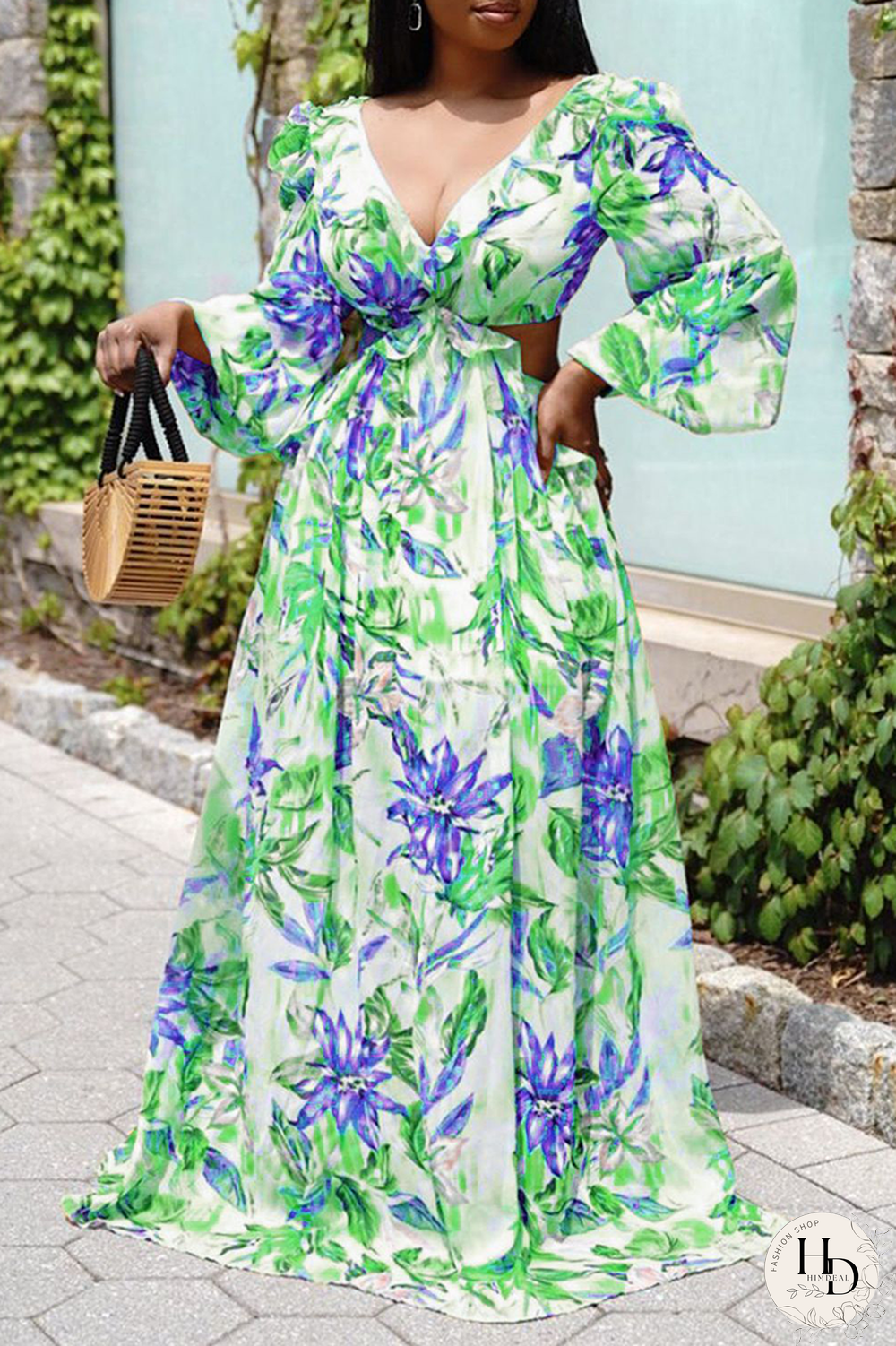 Green Casual Print Patchwork V Neck Cake Skirt Dresses