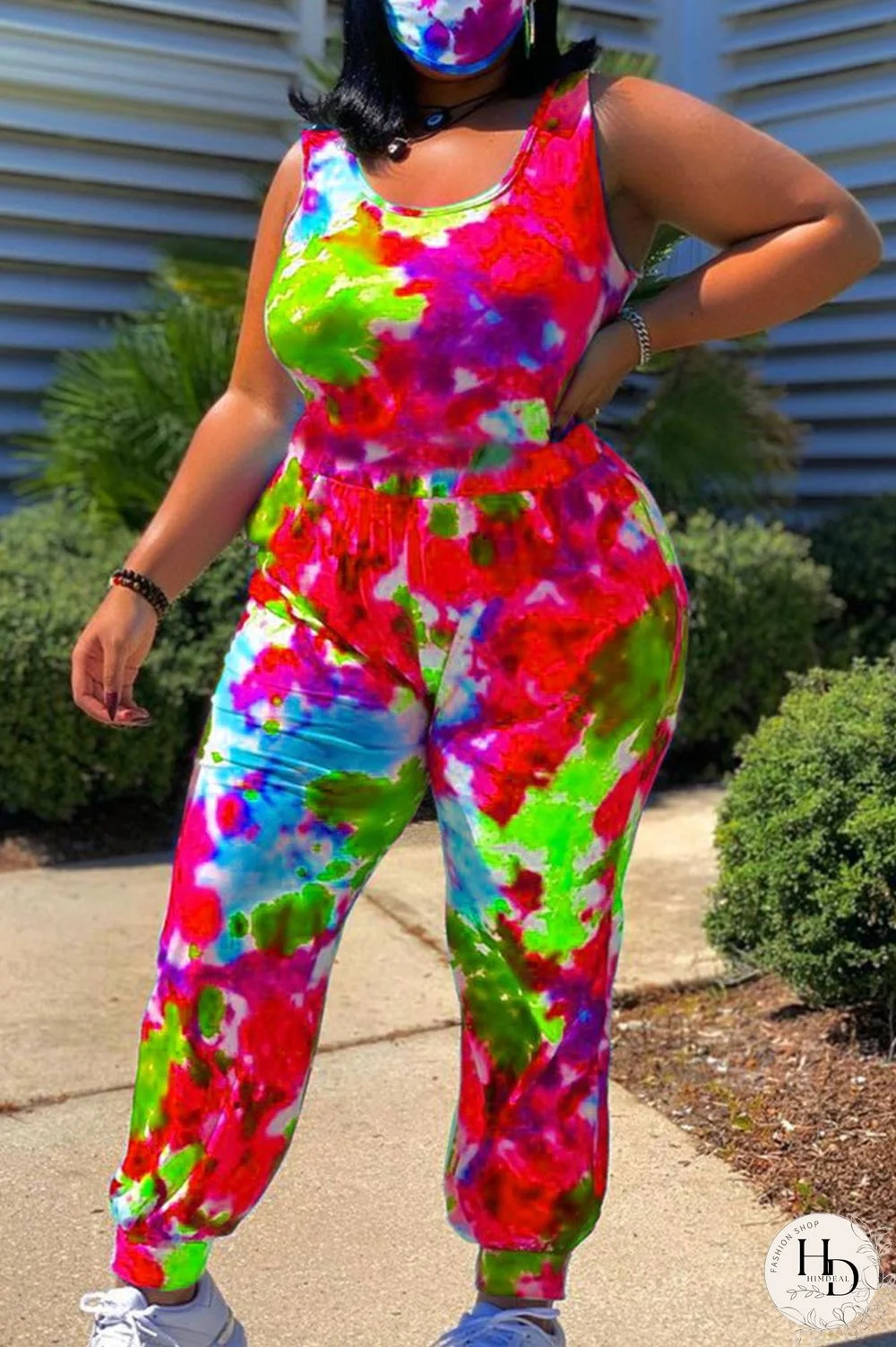 Red Fashion Casual Tie Dye Printing O Neck Plus Size Jumpsuits