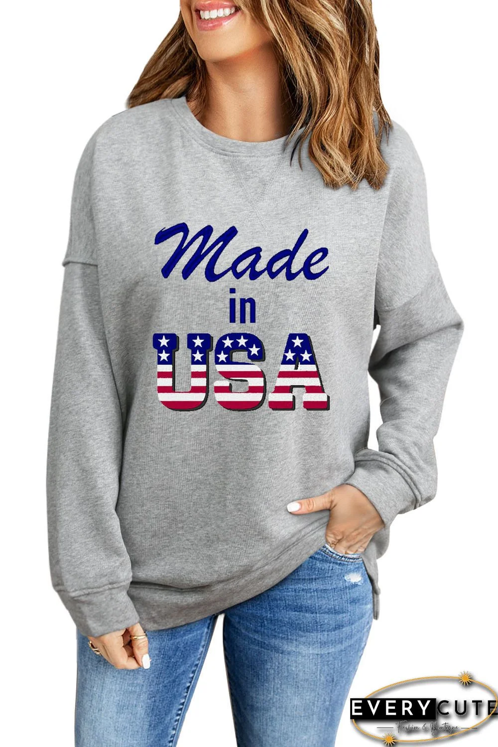 Gray Made in USA Print Long Sleeve Sweatshirt