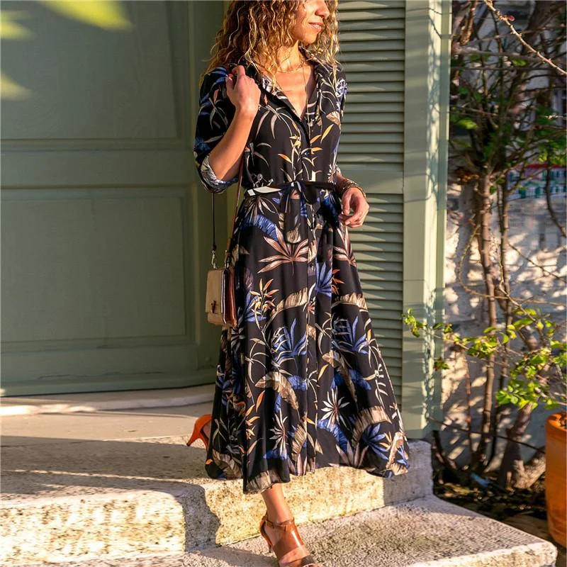 Long Sleeve Floral Print Shirt Dress Women Turn Down Collar Chiffon Beach Dress 2020 Autumn Plus Size Elegant Work Wear Dress