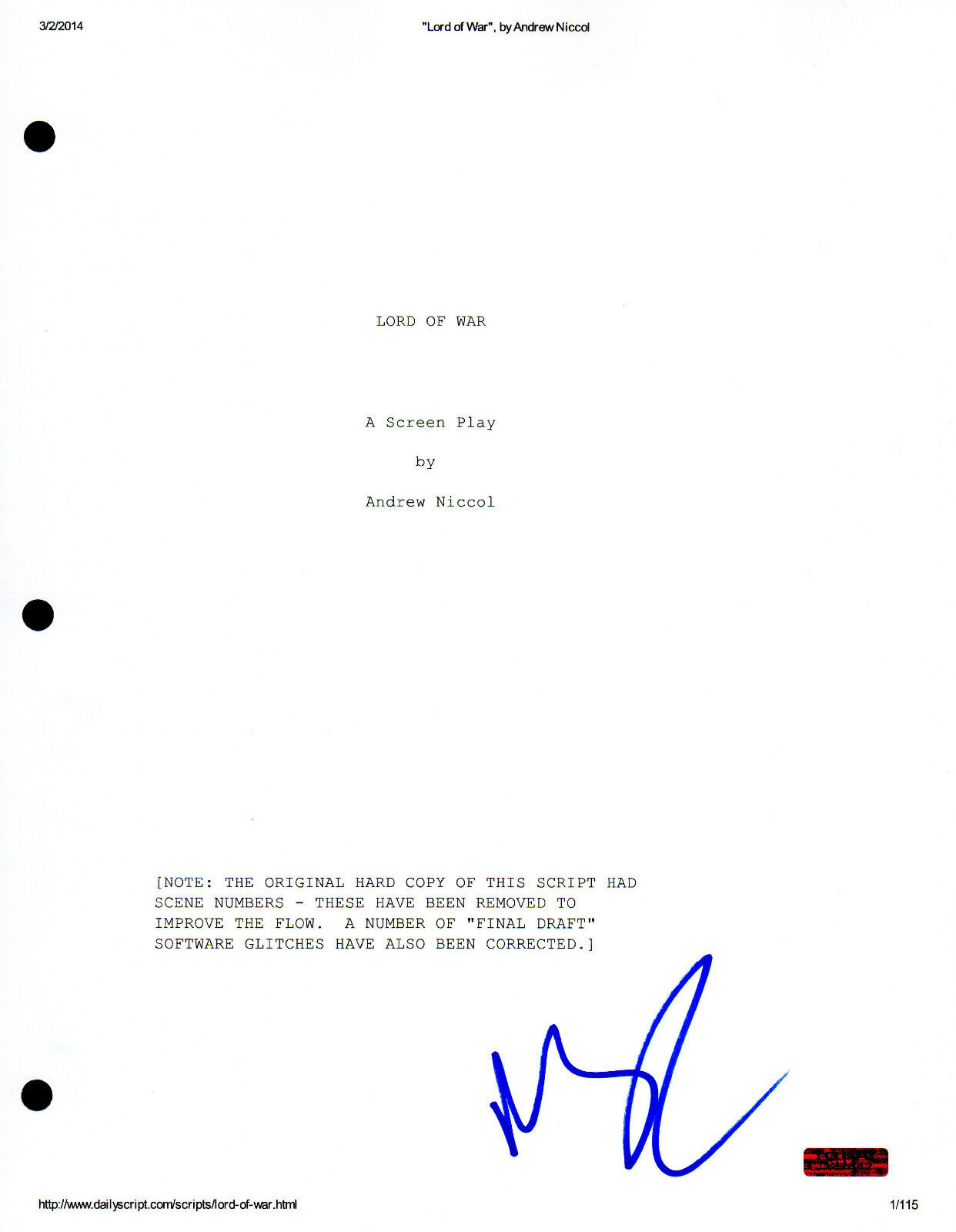 GFA Lord of War * NICOLAS CAGE * Signed Full Movie Script N1 PROOF COA