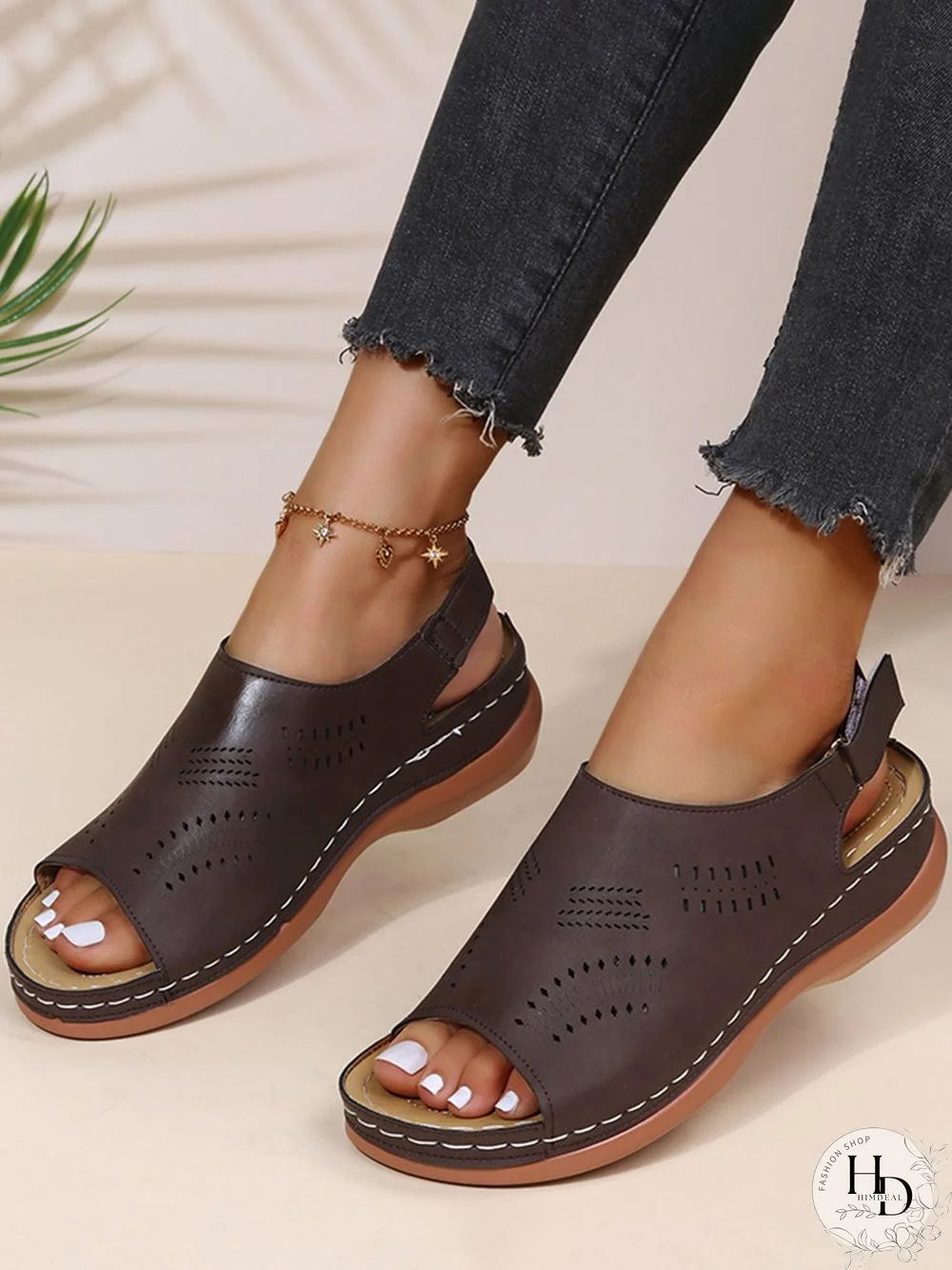 Cutout Velcro Vintage Casual Velcro Wedge Sandals