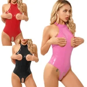 pornhint Pornhint Women Patent Leather Halter Bodysuit Cupless Open Crotch Teddy Catsuit Jumpsuits