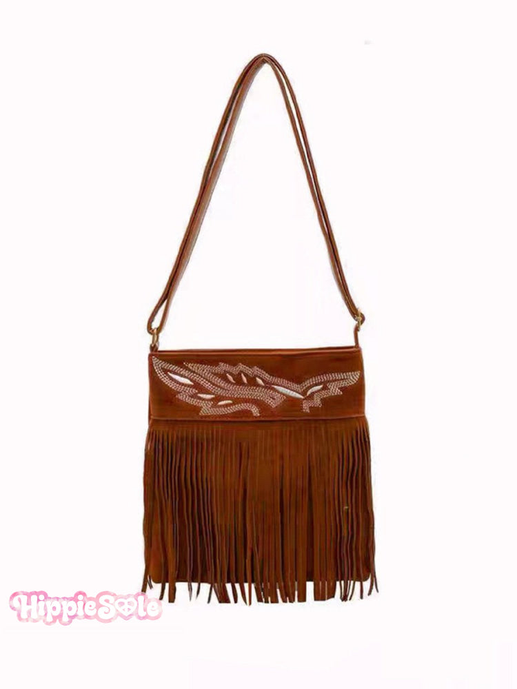Ethnic Style Suede Crossbody Tassel Bag Brown / Onesize