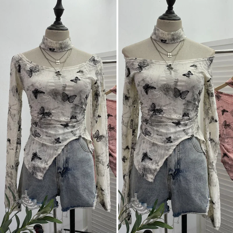 Brownm Pink Butterfly Hanging Neck To Make Old Hole Long-Sleeved T-Shirt Hottie Slanted Shoulder Slim Short Blouse 8002