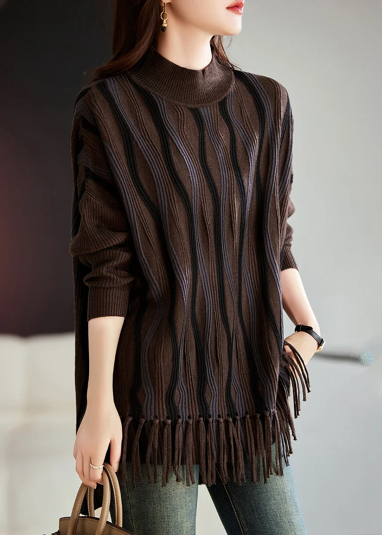 Loose Cozy Black Coffee Tasseled Thick Knit Sweaters Winter