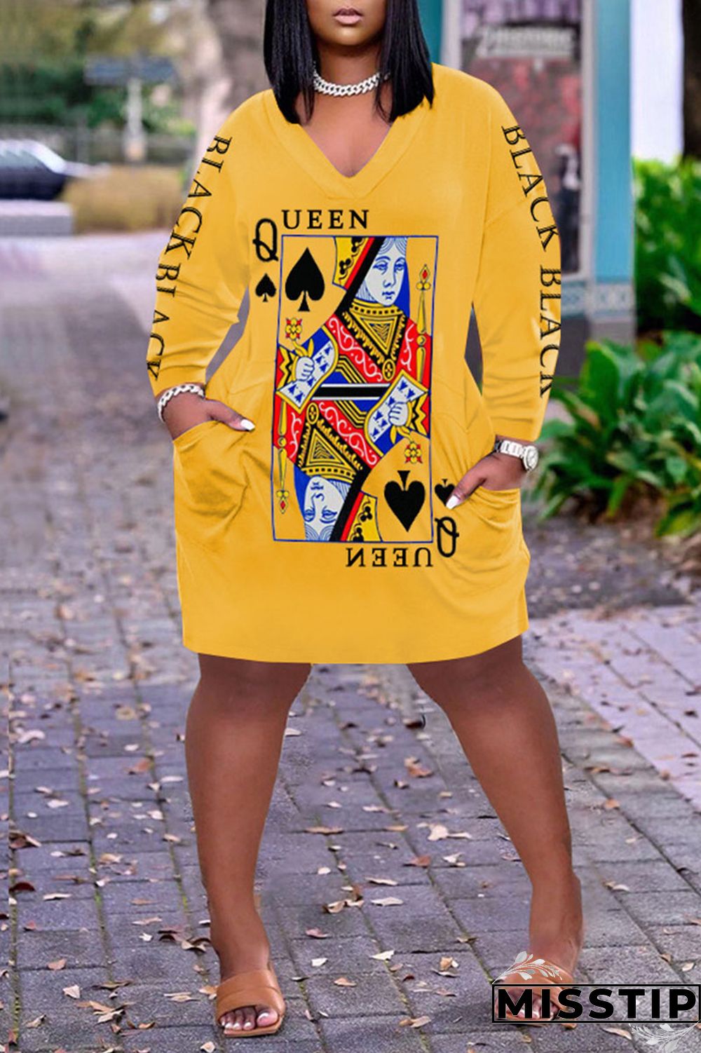 Dark Brown Casual Print Patchwork V Neck Long Sleeve Dresses