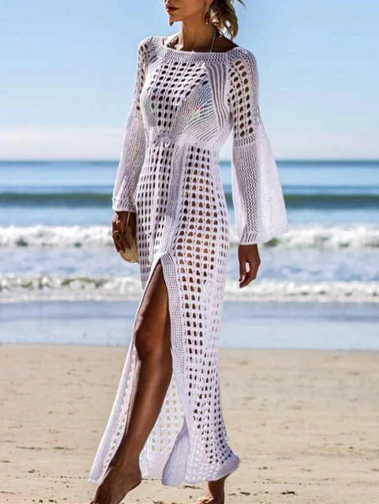 Swimwear Hollow Out Long Sleeve Split Vacation Cover Up