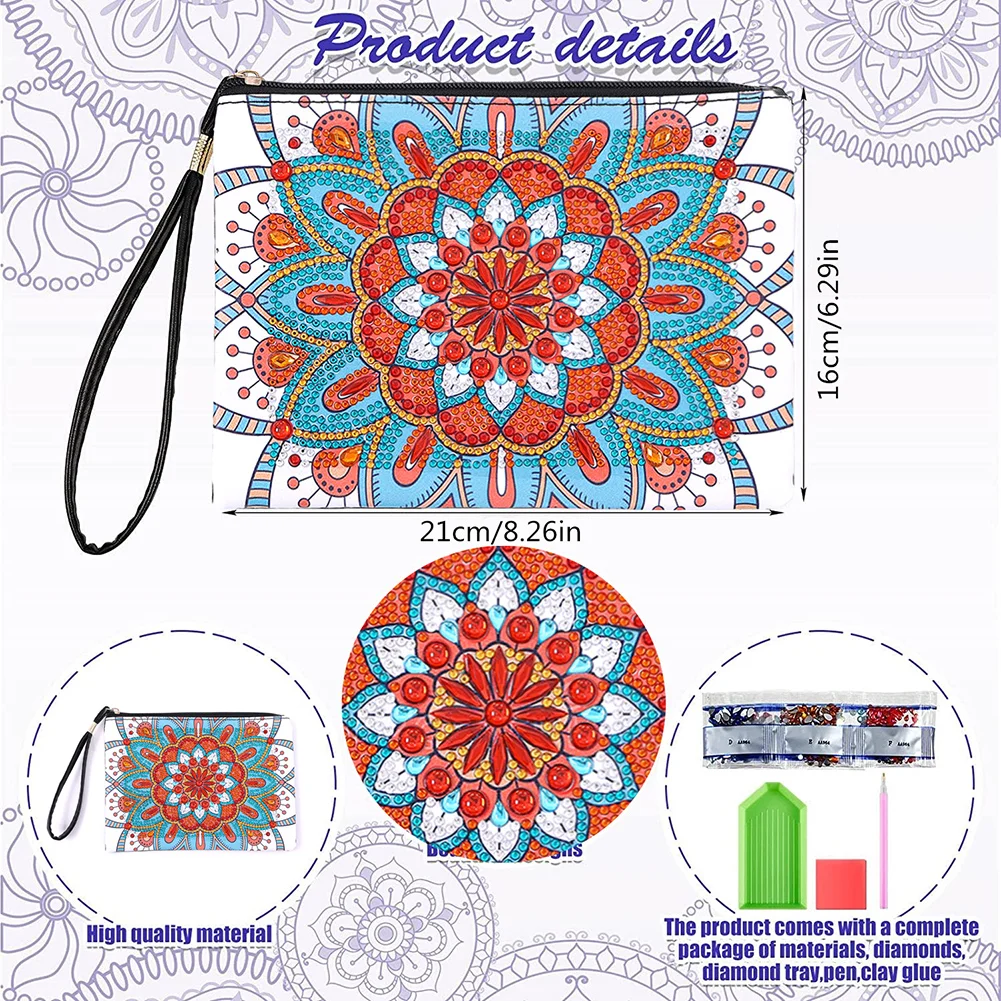 DIY Mandala Diamond Art Cosmetic Bag Flowers Single Sided PU Women Clutch