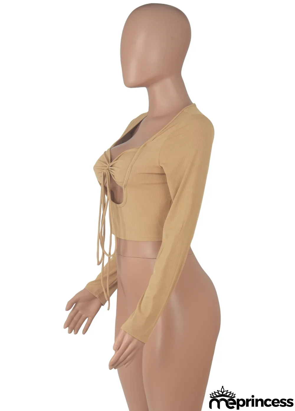 Autumn Party Cut Out Sexy Long Sleeve Crop Top Khaki