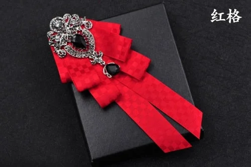 High-quality Fashion Handmade Red Diamond Bow Tie Wedding Collar Bowtie Brooch Pocket Towel Square Set Gifts for Men Accessories