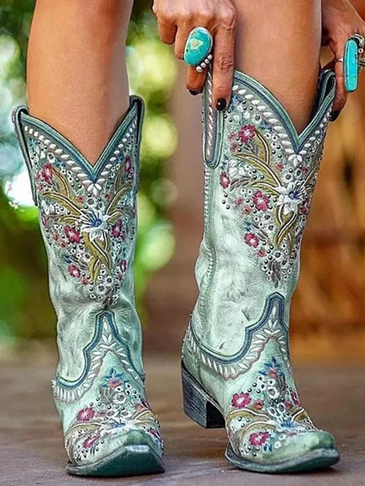 Retro Floral Embroidery Square Head Knight Boots