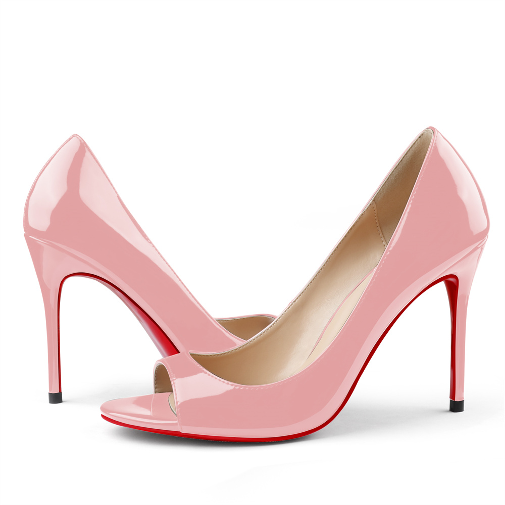 100mm Women's Open Toe Red Bottom Patent Sandals Pink Stilettos-MERUMOTE