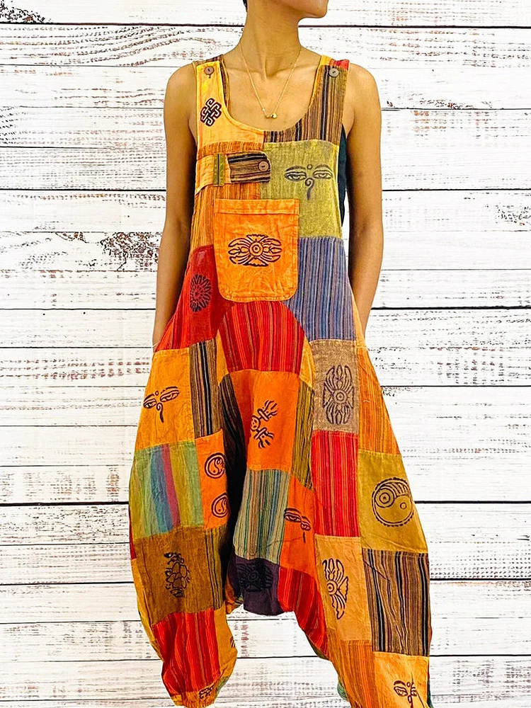 Stripe Pattern And Color-block Pocket Sling Jumpsuit