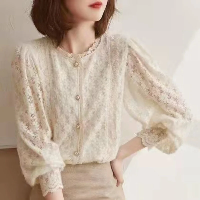 Elegant Lace Crochet Women's Blouse Sweet Autumn Vintage Flowers Button Shirt O Neck Casual Loose Long Sleeve Blouses Tops 16619