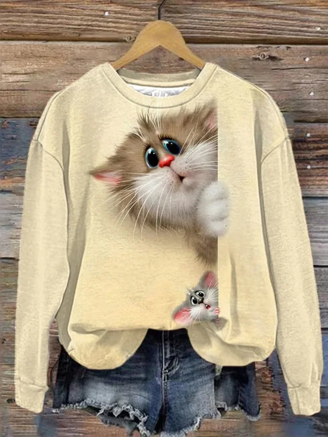 Women's Cat And Mouse Print Casual Sweatshirt