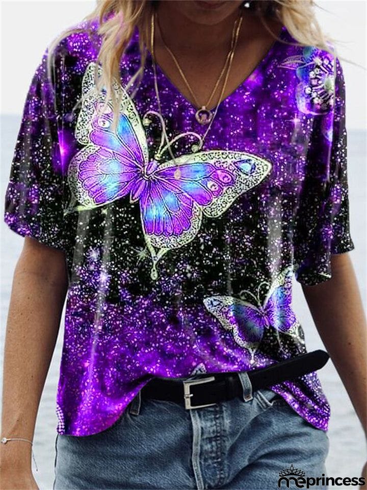Women's Loose Short-Sleeved V Neck Butterfly Print T-Shirt