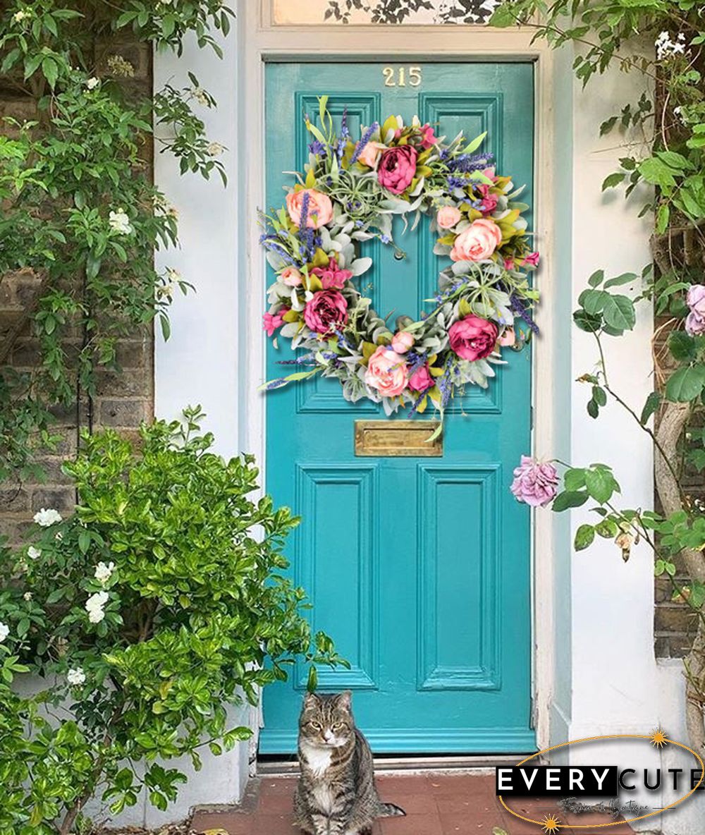 Summer peony wreath for front door - Lambs ear farmhouse wreath