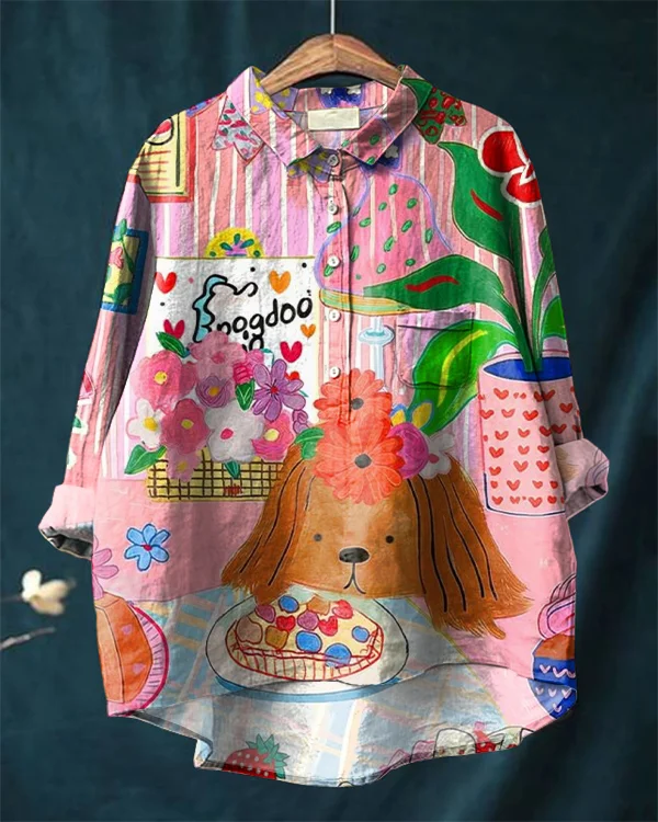 Cute Dog Art Casual Cotton and Linen Shirt