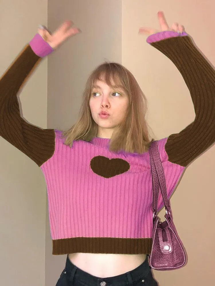 WannaThis Women Sweater Patchwork Love Embroidery Fall 2021 Long Sleeve Knit Streetwear Daily Wear Cotton Female Sweet Sweater