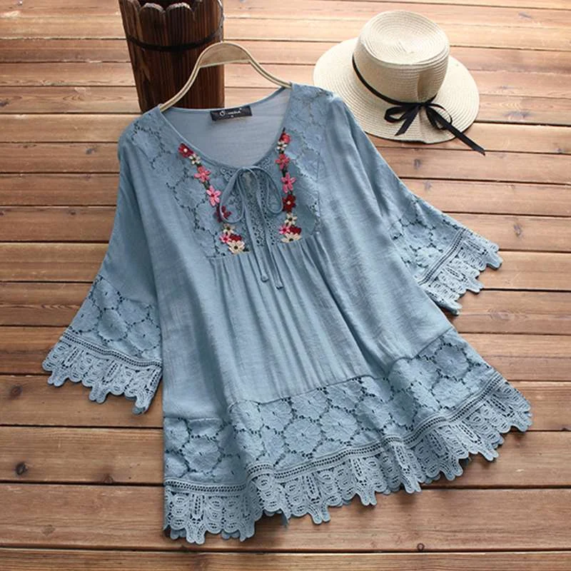 ZANZEA 2022 Summer Lace Crochet Blouse Women Patchwork Lace Up Shirts Chemise Hollow Blusas Tunic Tops Casual Tee