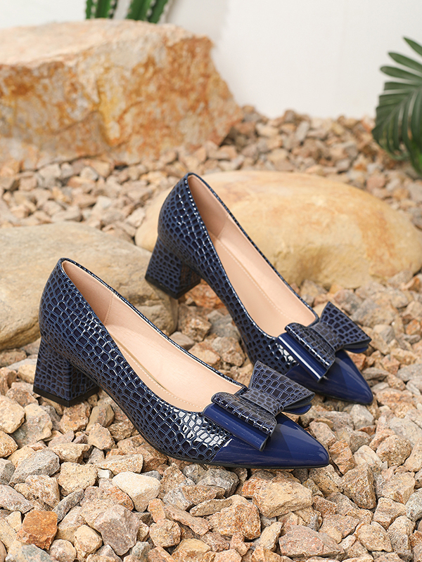 Shiny Pointed-Toe Bowknot Pumps NAVY BLUE-45