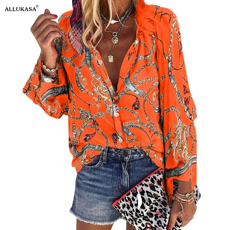 Women Blouse V-neck Long Sleeve New Design Plus Size Chains Print Loose casual Shirts Womens 2020 Tops And Blouses blusas largas