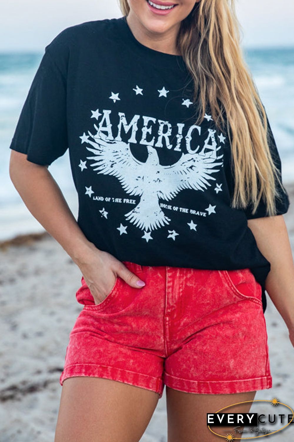 Black AMERICA Eagle Star Graphic Print Short Sleeve T Shirt