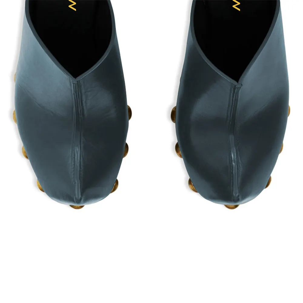 YDN Trendy Navy Round Toe Studded Spool Heel Platform Mules