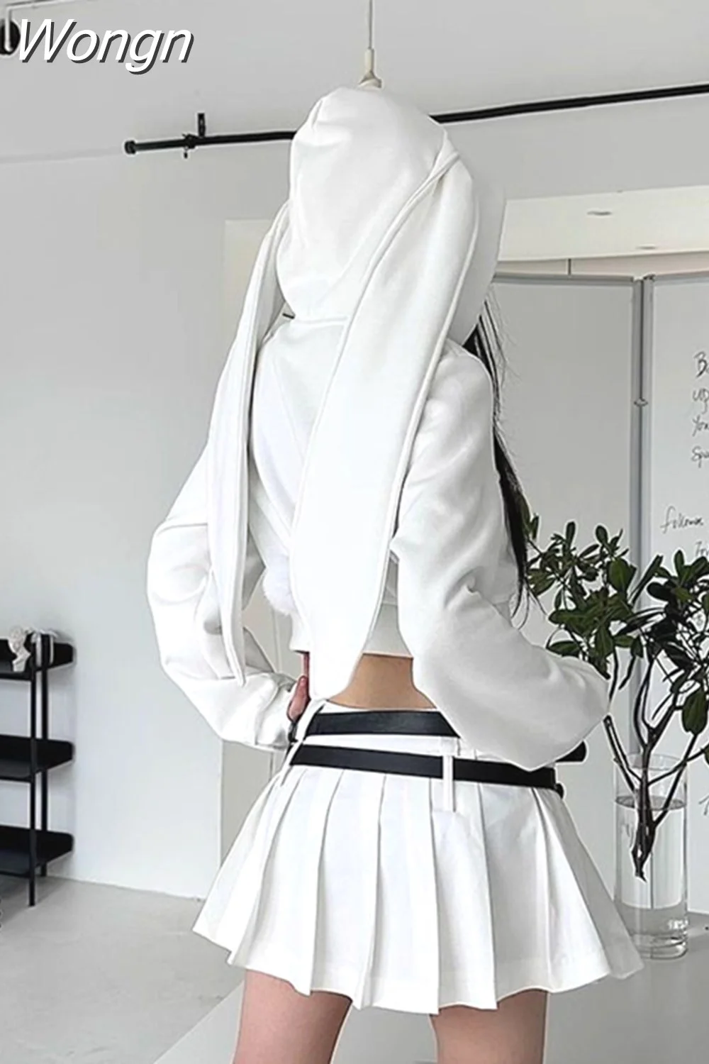 Wongn Ear Rabbit Kawaii Sweet White Mid Length Sweatshirts Coats Women Y2k Harajuku Black Crop Tops Japan Style Sudadera Hooded