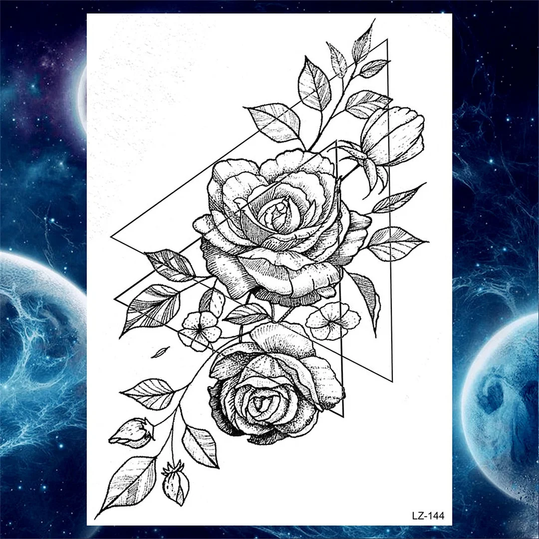 Large 3D Rose Flower Temporary Tattoos For Women Men Adults Death Skull Tattoo Sticker Peony Dahlia Black Fake Tatoos Forearm