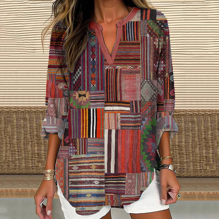 Women's Western Geometric Pattern Linen Blend Vintage Shirt