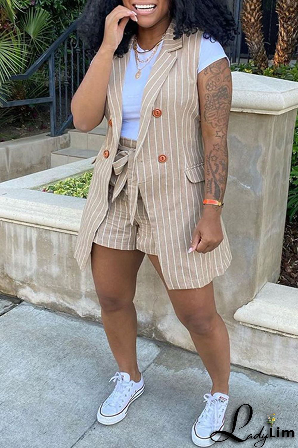 Black Fashion Casual Striped Print Patchwork Cardigan Turndown Collar Plus Size Two Pieces (Without T-shirt)