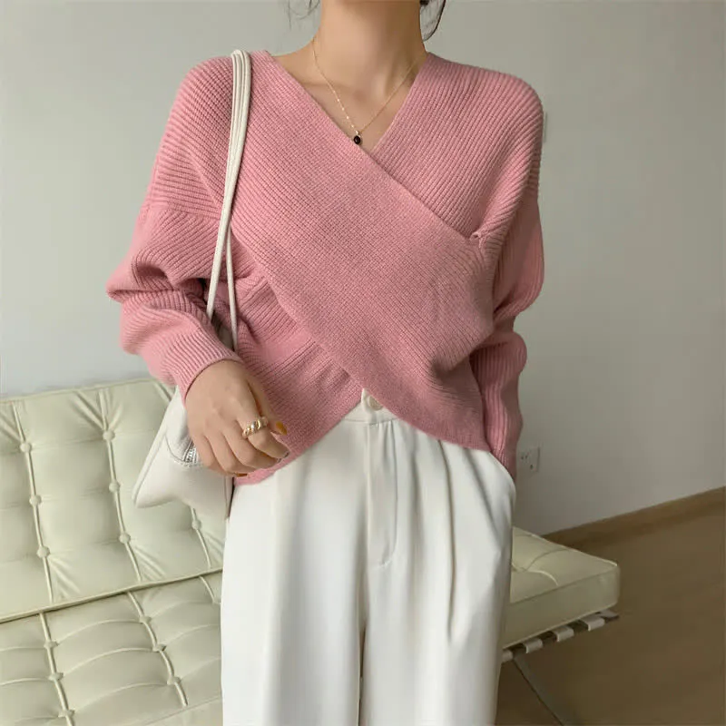 Chic Cross Knit Crop Sweater Casual Suit Pants