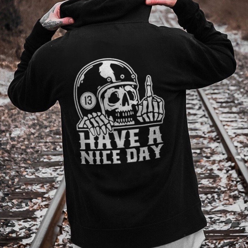 HAVE A NICE DAY Skull with Helmet Fuck Gesture Graphic Black Print Hoodie