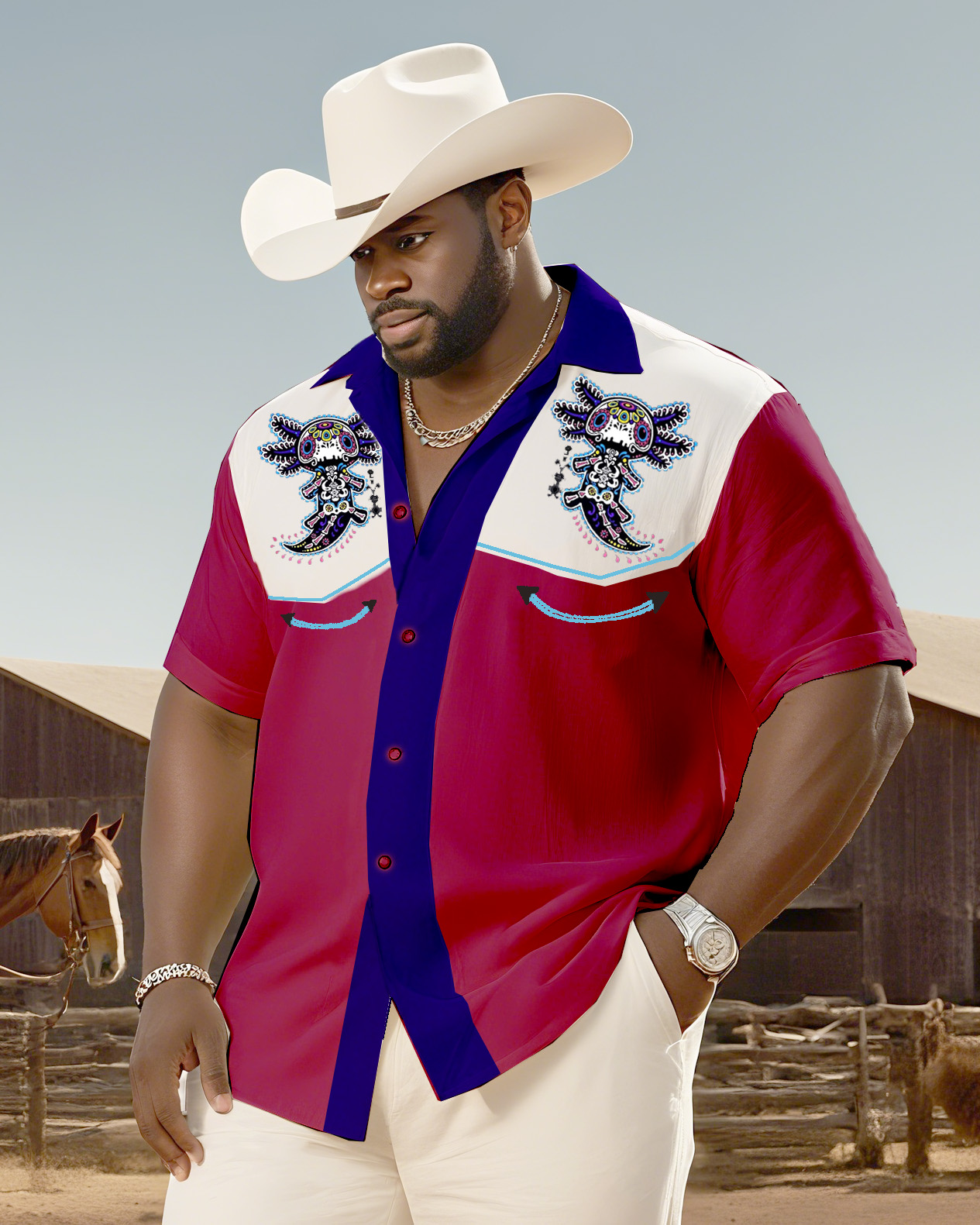 Big & Tall Men's Western Style Color Matching Casual Axolotl Skull Print-short Sleeve Shirt Pants Suit