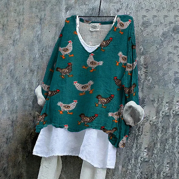 Comstylish Rooster Print V-Neck Casual Blouse
