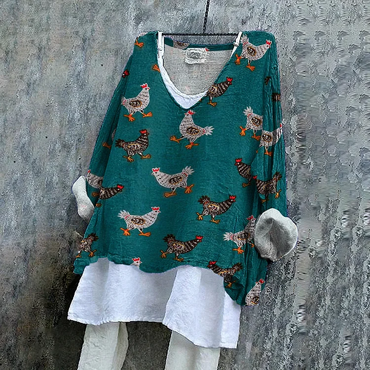 Rooster Print V-Neck Casual Blouse