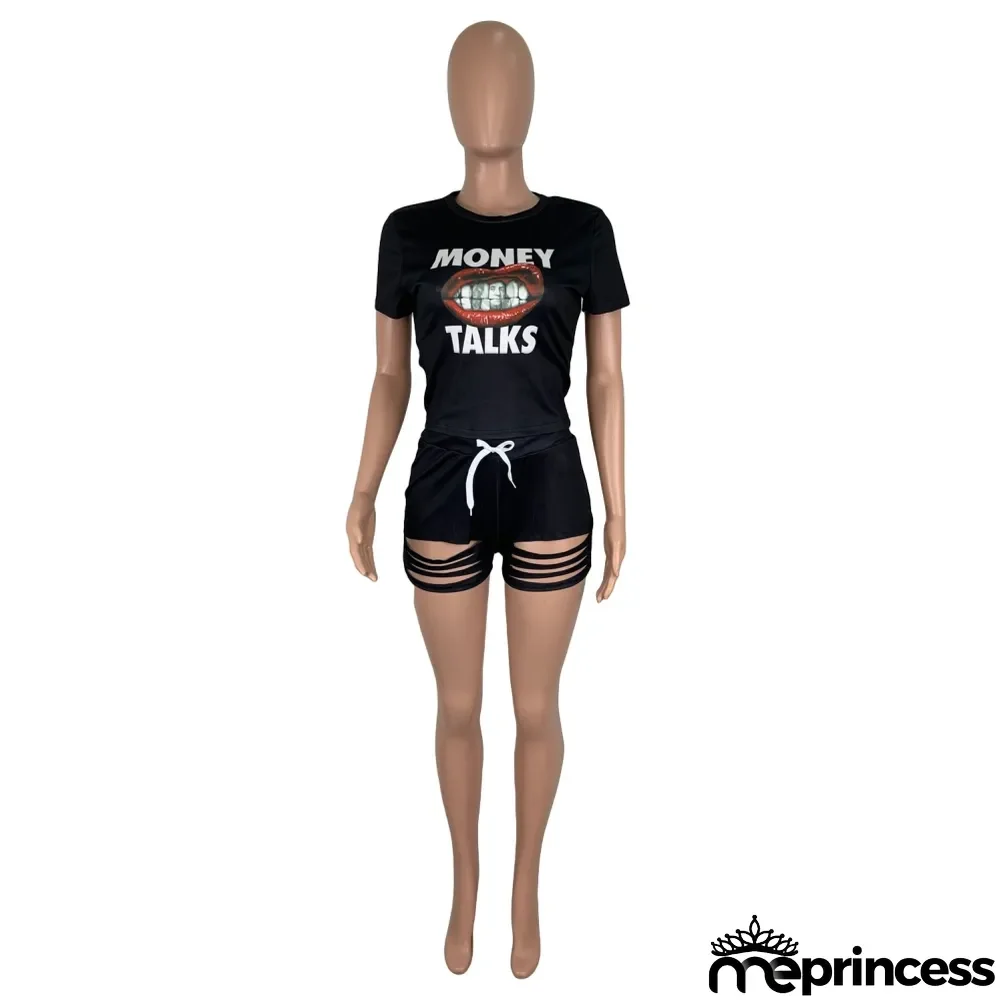 Summer Sports Print Two Piece Ripped Shorts Set