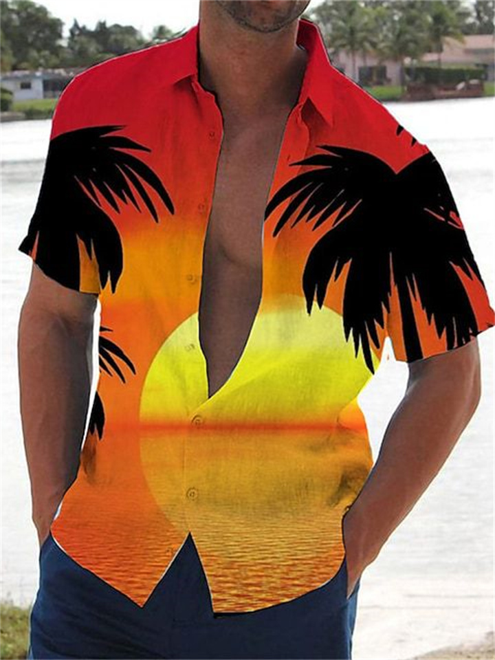 Summer Hawaiian Shirt Sunset Coconut Print Short Sleeve Casual Menswear